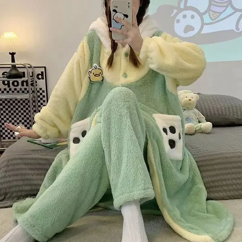 Kawaii Sanrio Cartoon Kuromi Pochacco My Melody Cinnamoroll thickened coral velvet women's home wear pajama jacket two-piece set