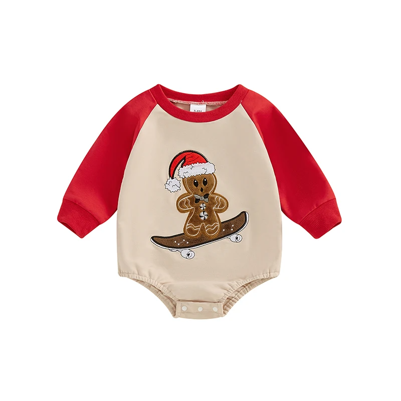 Baby Girl Christmas Sweatshirt Romper Gingerbread Man Round Neck Long Sleeve Jumpsuit