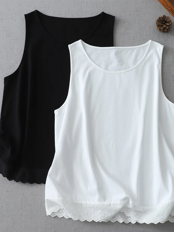 

Loose Casual Pure Cotton Lace Trim Vest Women's Large Size Waed Cotton Comfortable Breathable Summer Top