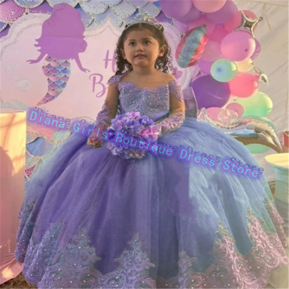 Flower Girls Dress Adorável Azul para Vestidos De Casamento Tule Fluffy Party Little Girls Birthday Evening Gowns Tamanho personalizado Cor