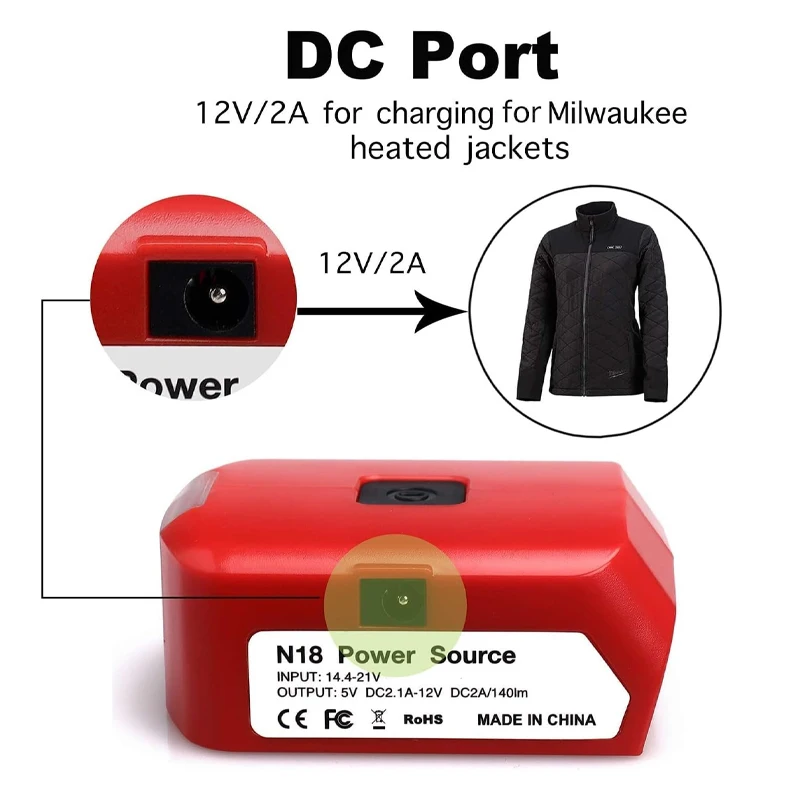 Zasilacz akumulatora do akumulatora Milwaukee 18V M&18 z podwójnym portem USB 5V/2.1A DC 12V/2A LED Light do podgrzewanego kurtki