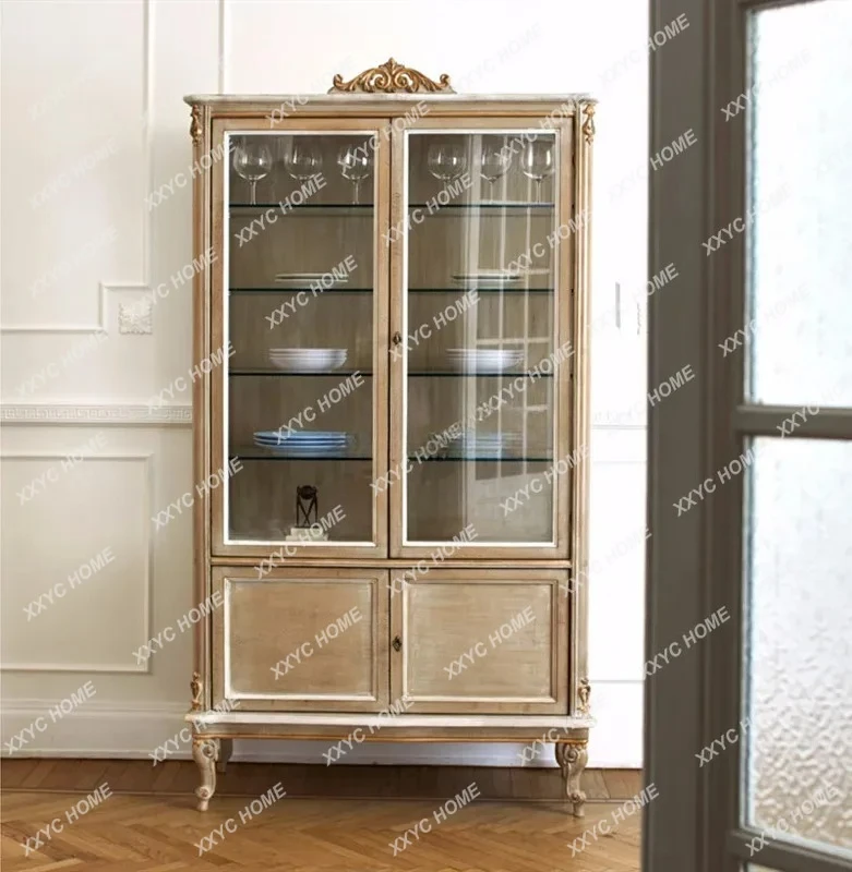 L retro old solid wood side cabinet  customizable restaurant glass door storage wine cabinet