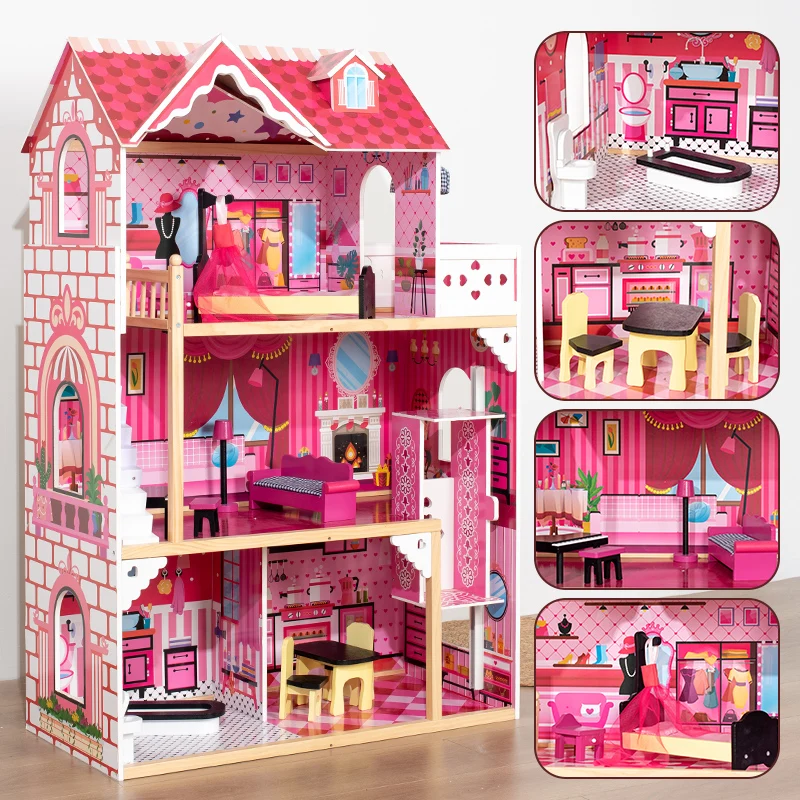 Oversized Vienna Villa Children's Pink Villa Doll House Toys Diy Castle Family Birthday Gift Deluxe Doll House Set