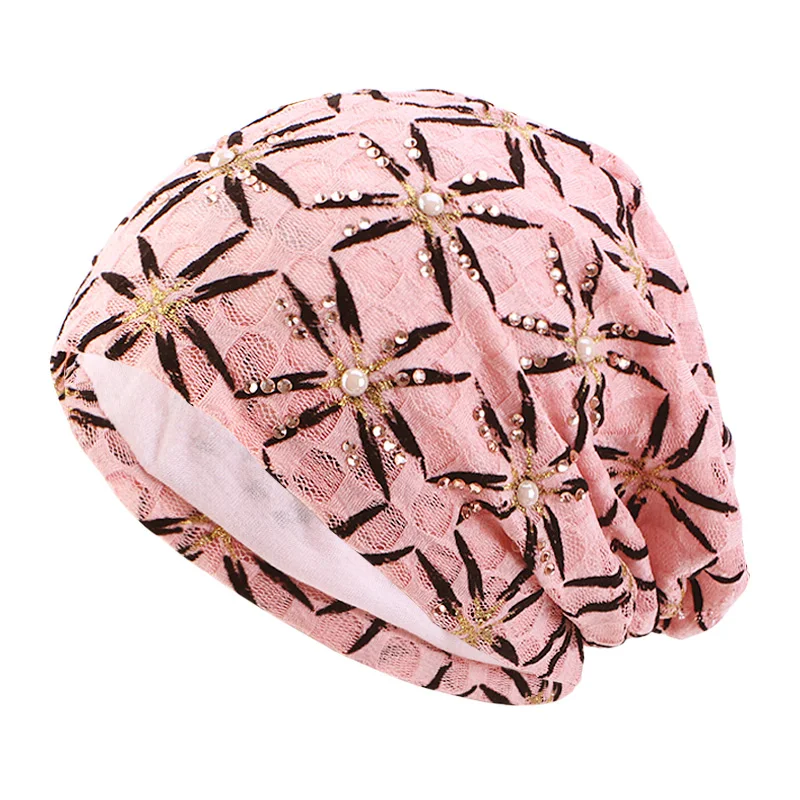 Fashion Lace Rhinestones Breathable Turban Hats Bonnet for Women Ethnic Style Muslim Hat Ladies Beanies Cap Headscarf