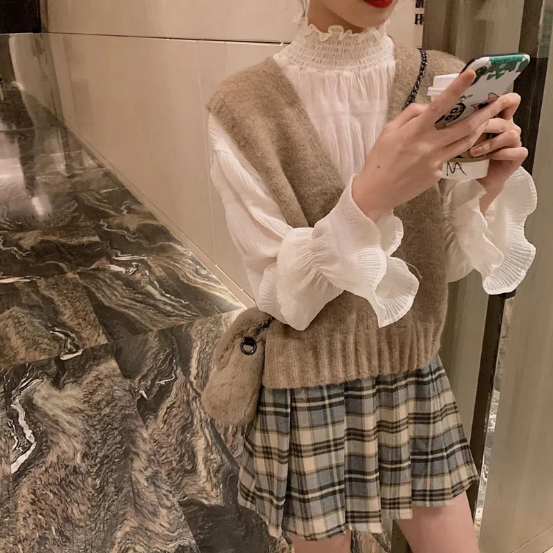 Chiffon Bottoming Shirt Ruffled Sweet Style Spring Autumn Half High Collar Slim See-Through Flare Sleeve Top Elegant Pullover