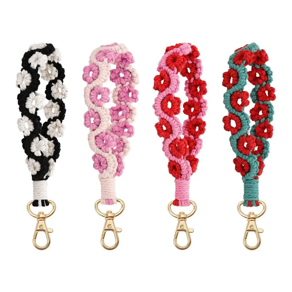 High-quality Cotton Wrist Strap Keychain Bohemian Style Wrist Strap Ornaments Hand-woven Rose Flower Hanging Decoration