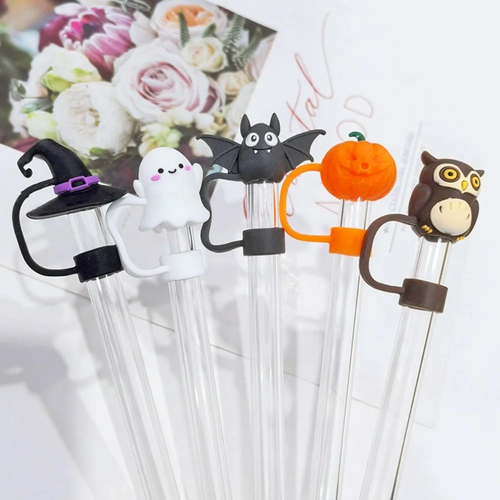 5PCS Halloween Ghost Silicone Straw Covers Cap 3D Reusable Drinking Straw Dust Cap Splash Proof 10mm Straw Tips Cover