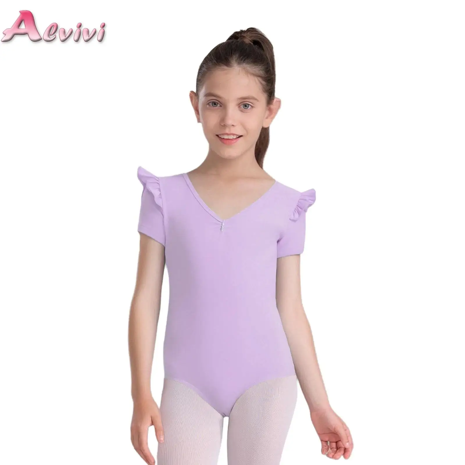 

Kids Girls Ballet Dance Leotard Cute Ruffle Short Sleeve V-Neck Ruched Bodysuit for Dance Class Practice Examination Performance