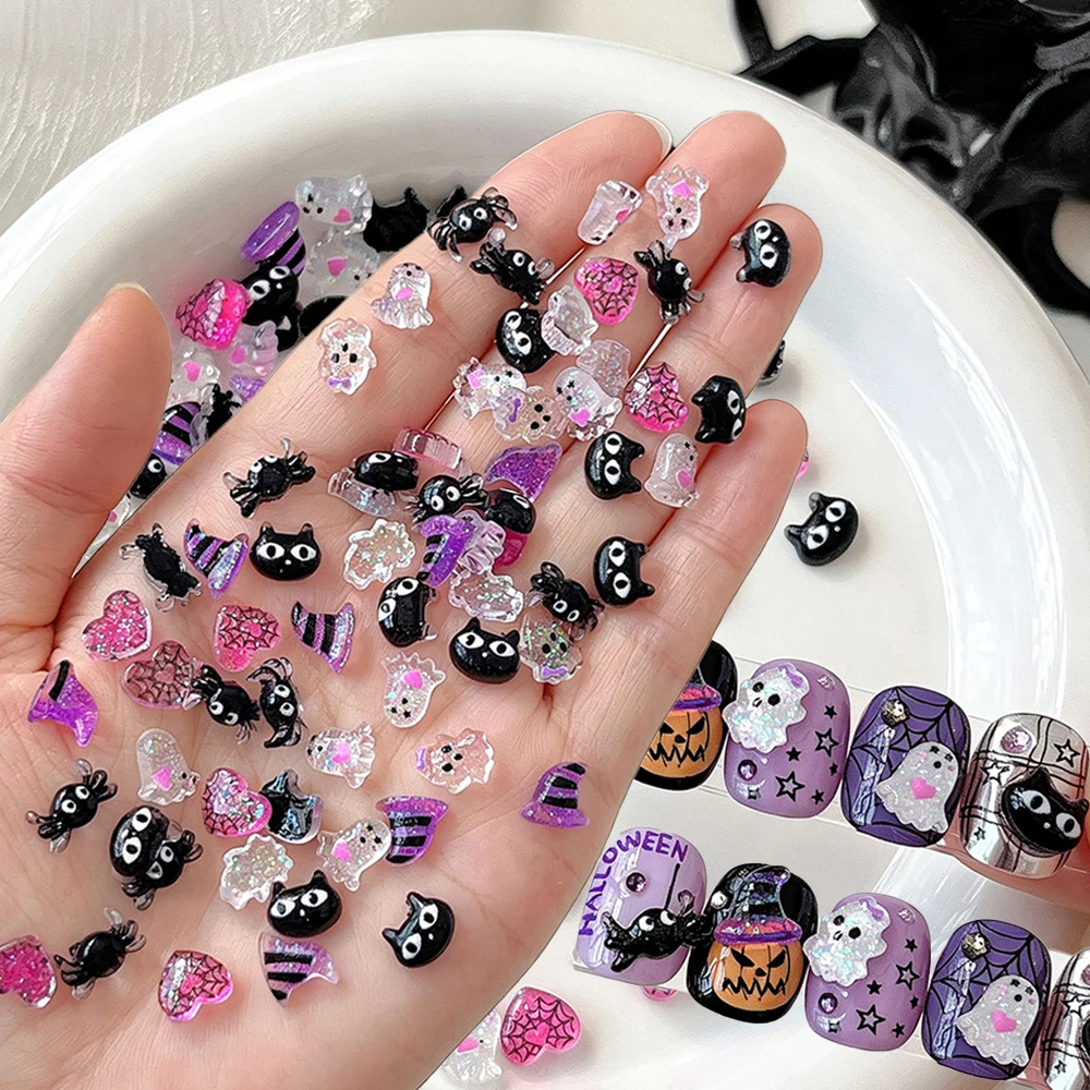 50pcs Cartoon Halloween Ghost Spider Cat Nail Charms 3D Mixed Resin Magic Hat Spider Web Heart Nail Rhinestones Cute Nail Decora