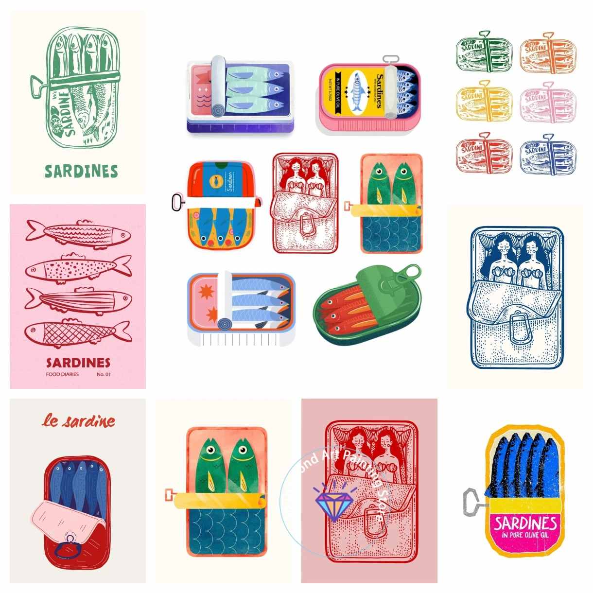 

AB Diamond Painting Kits Art Sardine Tin Retro Food Pop Italian Foods Embroidery Mosaic Cross Stitch Home Decor Children's Gift