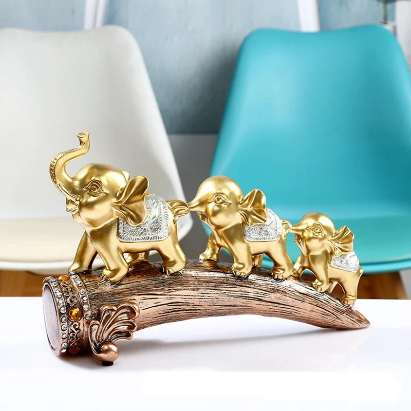 

Three Golden Elephant Statues Home Decoration Sculpture and Figurines Room Decor Crafts Ornaments Resin Animal Decorations