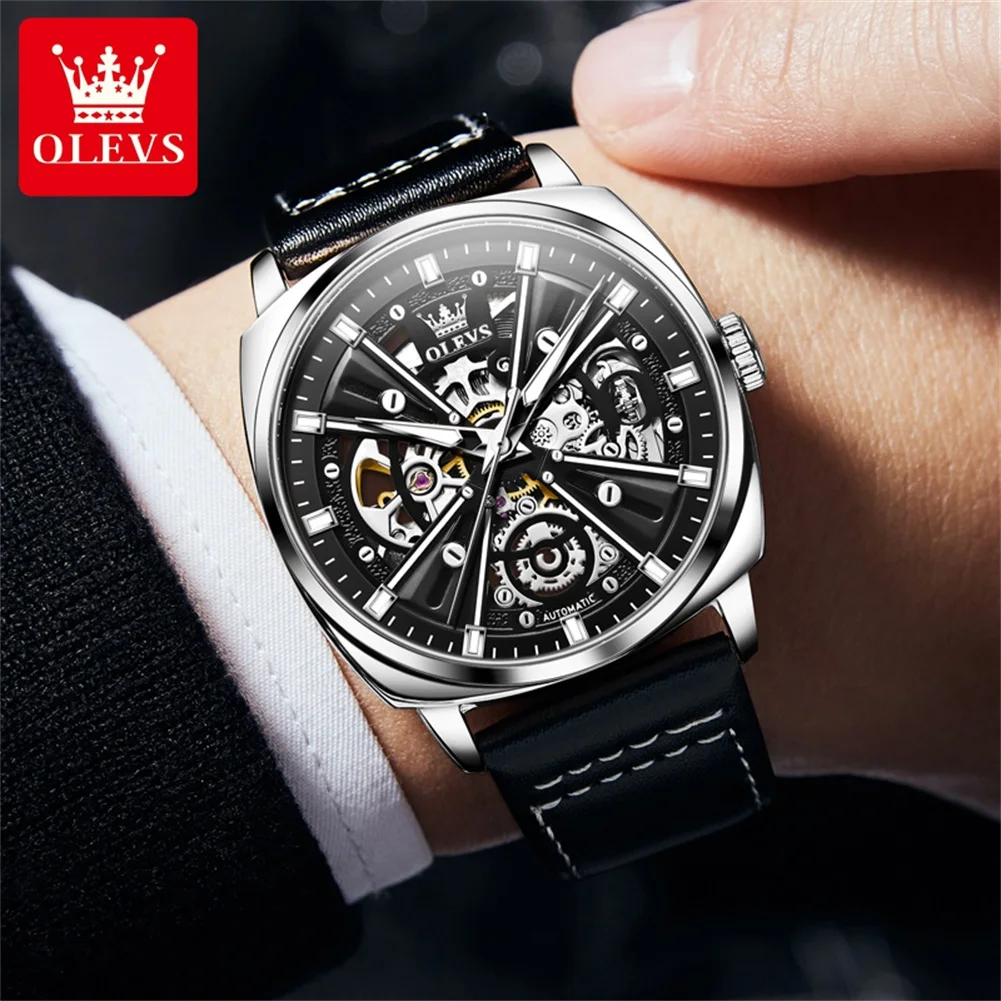 OLEVS 6685 Automatic Watch for Men Golden Skeleton Stainless Steel Waterproof Leather Strap Sports Men\'s Mechanical Wristwatches