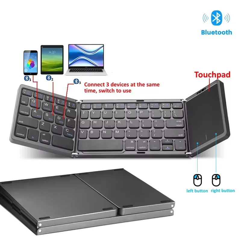 3-Folding Keyboard Mini Wireless Keyboard Foldable Dual Bluetooth Keyboard with Touchpad for Windows Android IOS iPad Phone