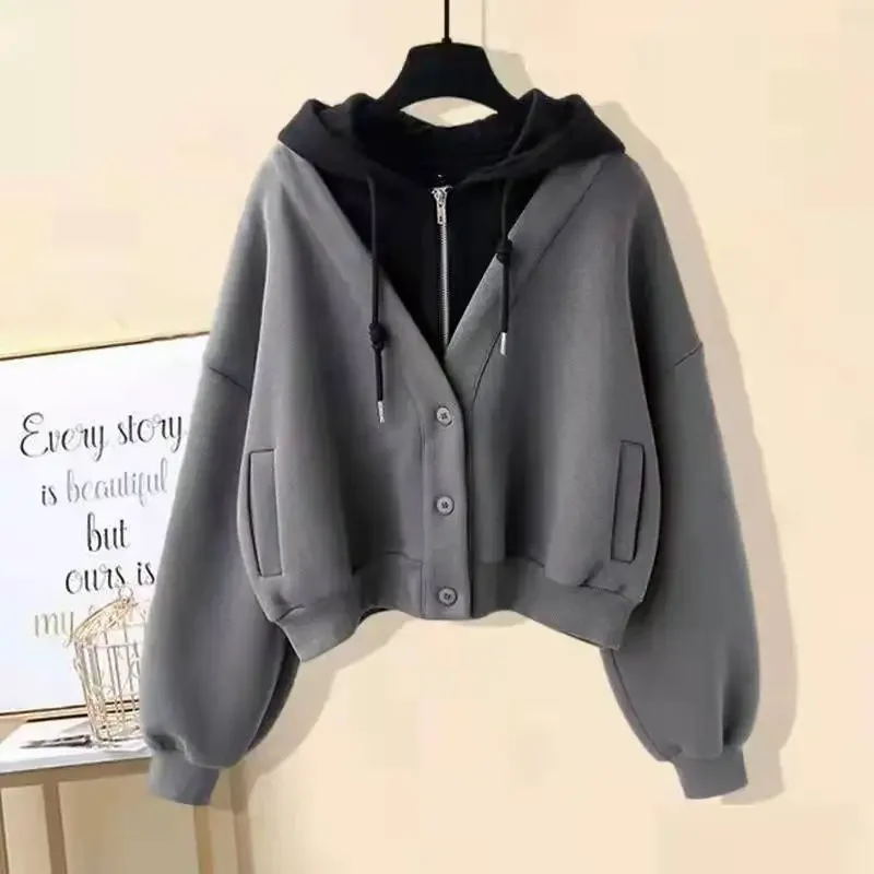

Hooded Jackets Women Fake Two Pieces Fashion Designs Plus Velvet Coats Cargo Style Streetwear Autumn Winter Thicker Chic Girl