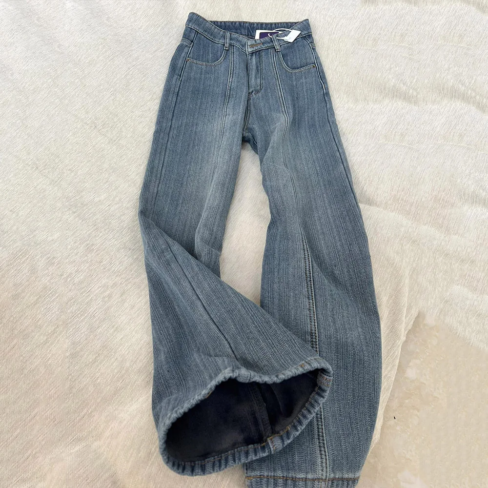 Retro Blue Velvet Straight Leg Jeans for Women Autumn Winter High Waist Slimming Texture Wide Leg Pants Female Trousers