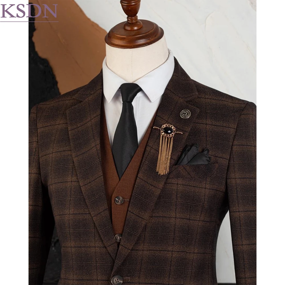 Slim Fit Men's Suits Check Pattern One-Button 3 Piece Jacket Pants Vest Full Sets High Quality Slim Fit Male Clothing Terno