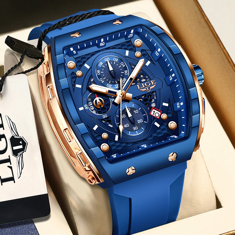 LIGE Waterproof Sport Square Chronograph Wrist Watches for Men Fashion Army Military Silicone Quartz Watch Men Relogio Masculino