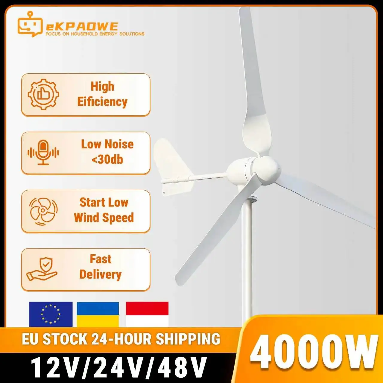 Generador de Turbina Eólica de 4000W 12V 24V 48V para Hogar, Granja, Techo, Generación de Energía Solar Híbrida con Controlador, Sistema de Almacenamiento Fuera de la Red, Bajo Ruido, Libre de Mantenimiento, Entrega Rápida en la UE y Ucrania