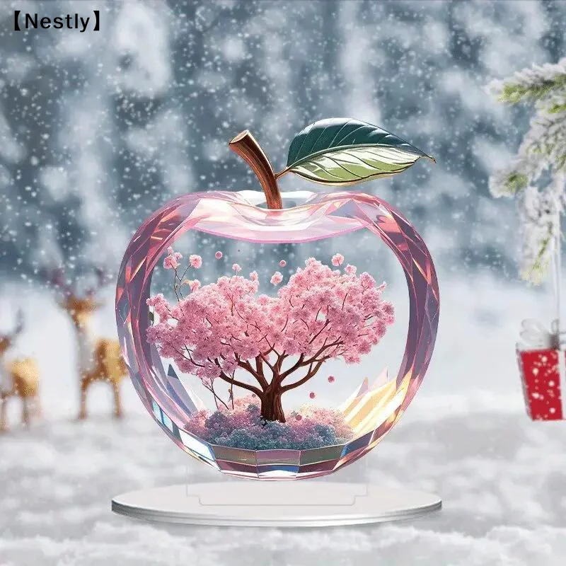 1Pcs 2D Acrylic Printing Ornament Romantic Cherry Clossoms Apple Shape Landscape Desktop Decoration For Home Office〔Nest〕