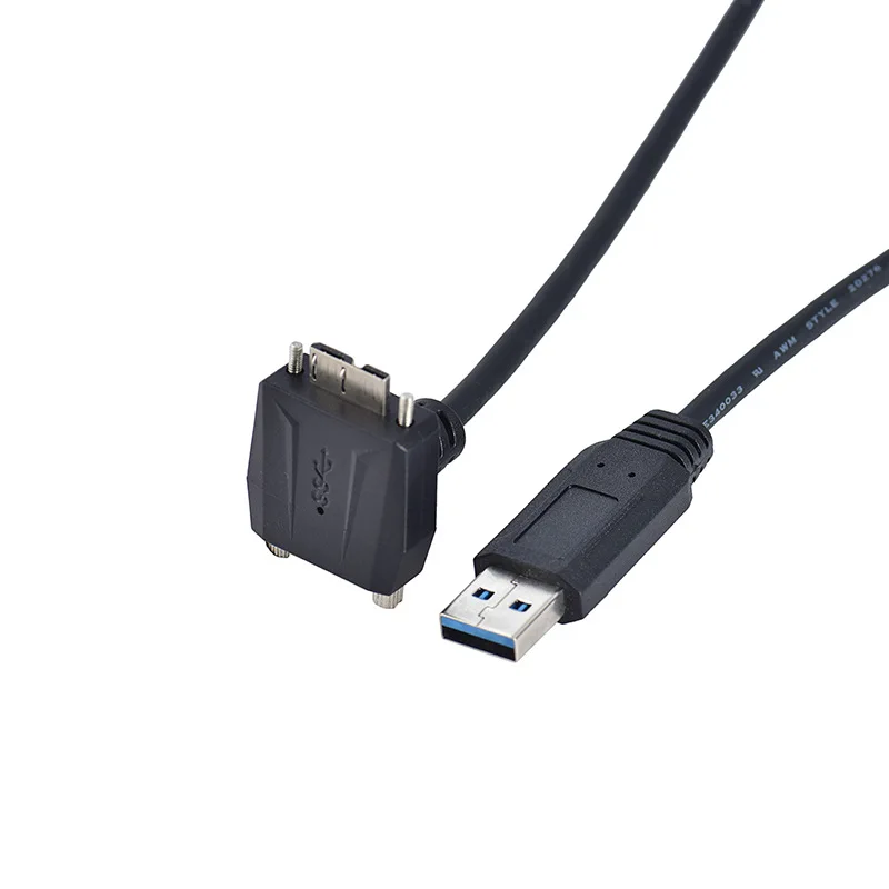 Cabo de alimentação de dados de cotovelo micro macho USB 3.0 com painel de travamento de parafuso, câmera industrial, disco rígido portátil