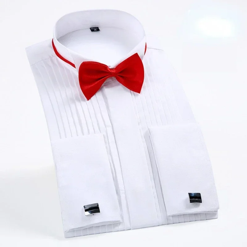 2024 New Business Stand Collar Wedding Tuxedo Dress Shirt For Men White French Cufflink Long Sleeve Shirt For Men