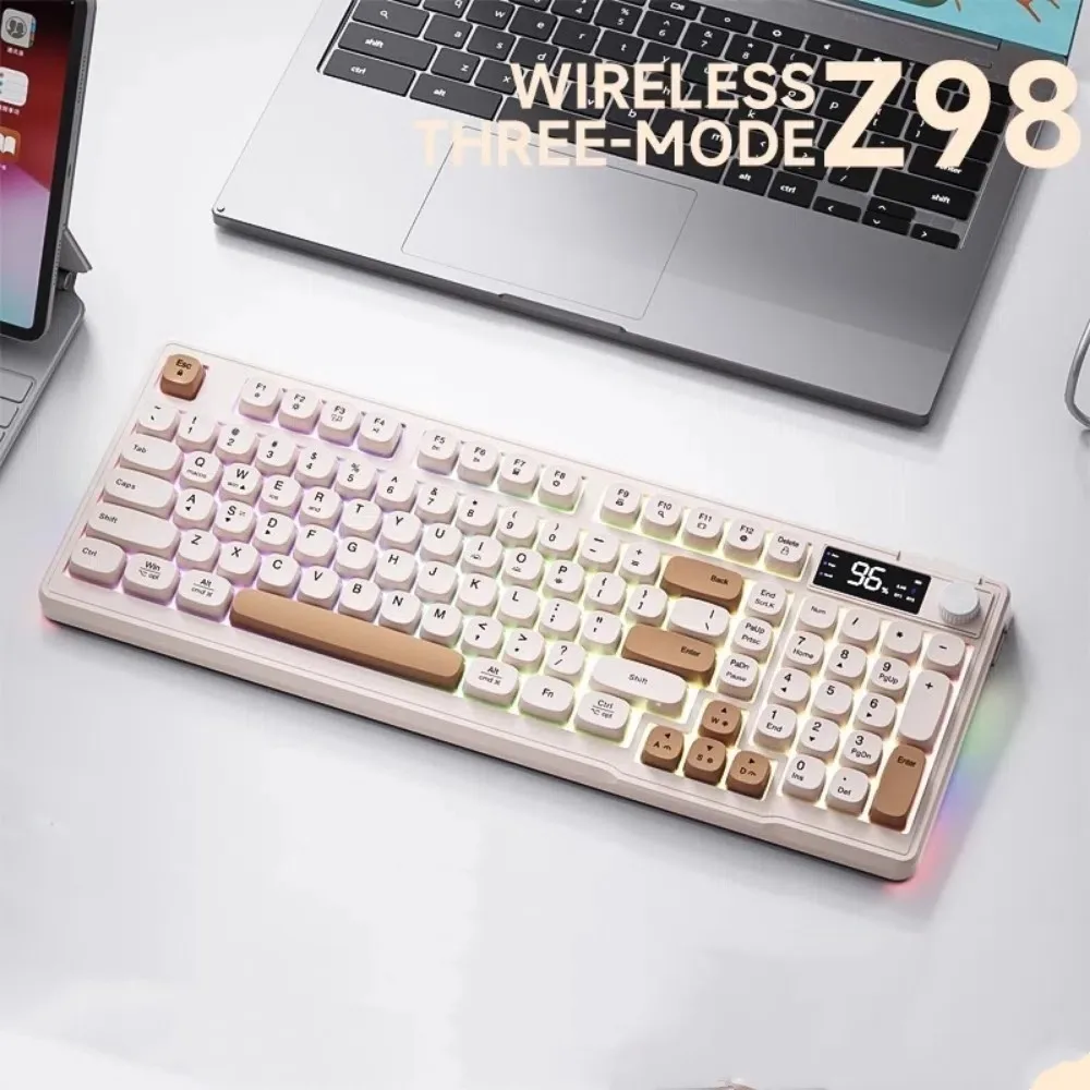 

Rechargeable Gaming Keyboard Ergonomic with Volume Button Bluetooth Keyboard Three-mode RGB Backlit Keyboard for Win/Android/iOS