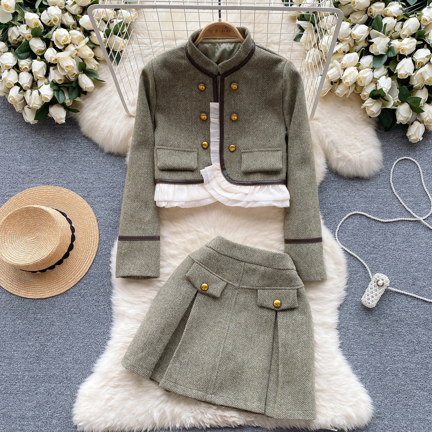 French Advanced Sense Stand Collar Long Sleeve Coat + College Style Pleated Mini Skirt Small Fragrant Wind Women Two Piece Sets