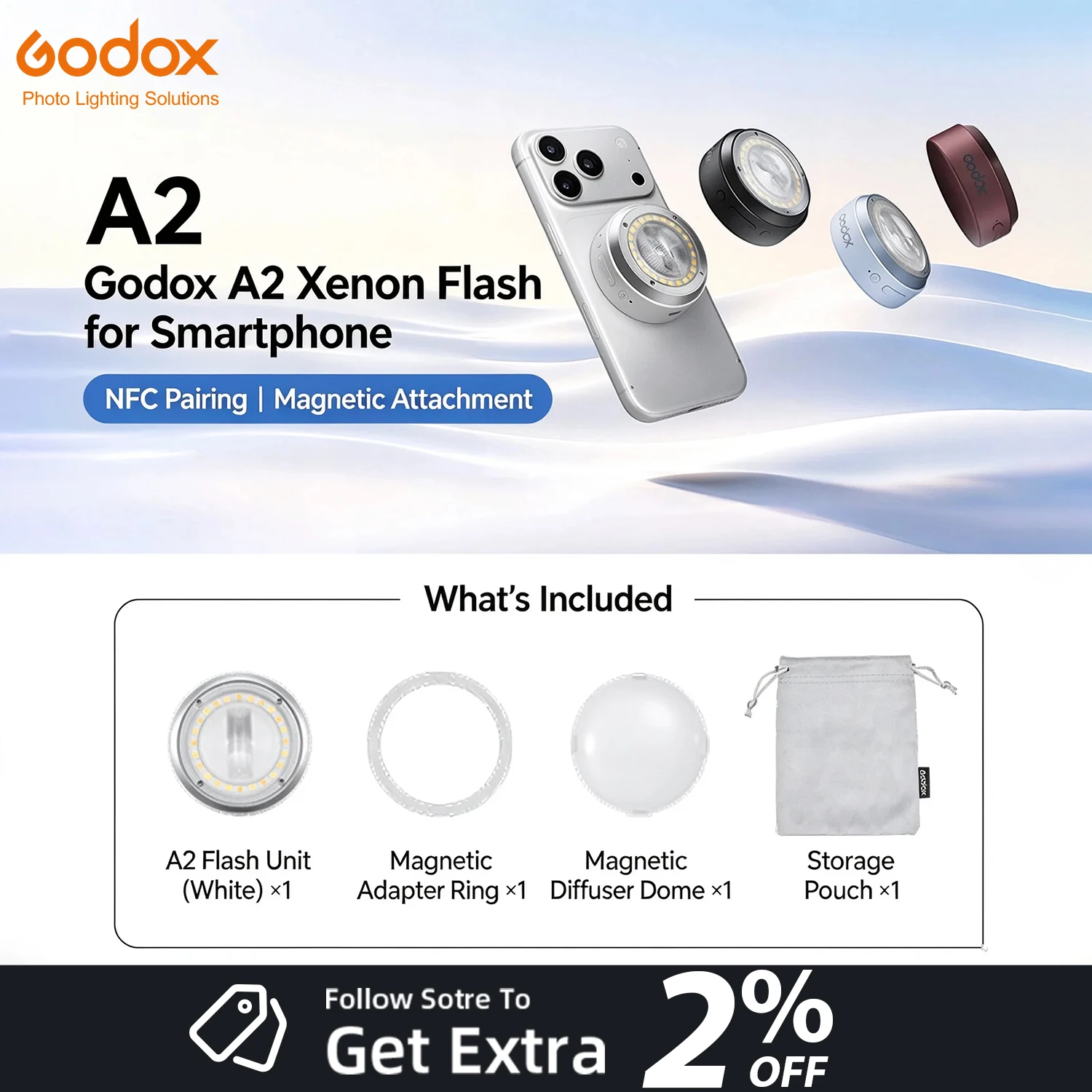 Godox Smartphone Xenon Flash TTL HSS Magnetic Flash Light Support NFC & Bluetooth Godox Camera APP Control - A2
