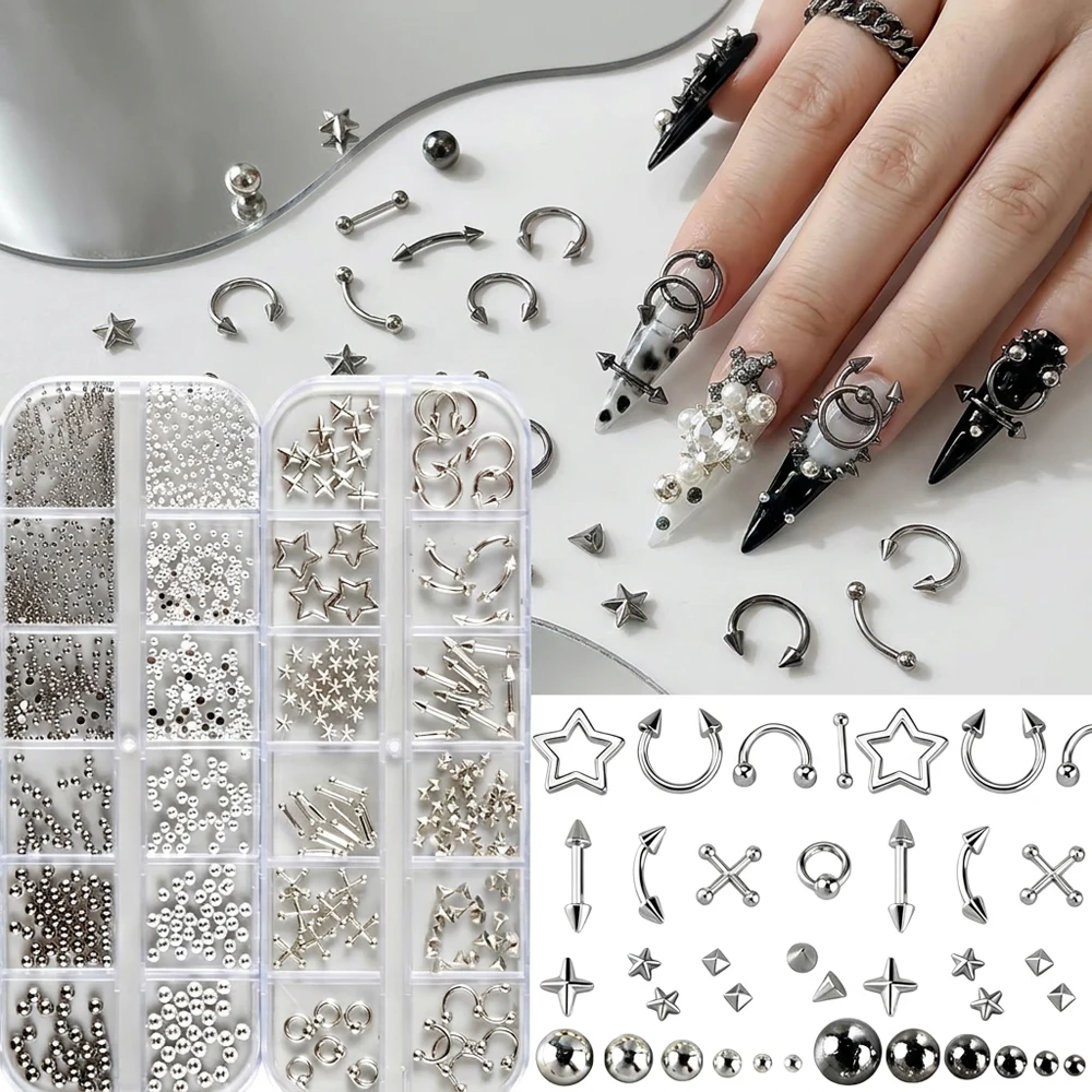 2 Boxes Mixed Punk Metal Nail Art Charms Mixed Silver Star Cross Ring Spike Beads Nail Studs Rivets DIY Gothic Manicure Supplies