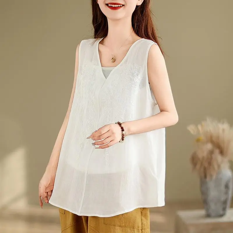 

Artistic Heavy Industry Embroidered Cotton and Linen Tank Top Thin Workwear Simple V-Neck Sleeveless Top