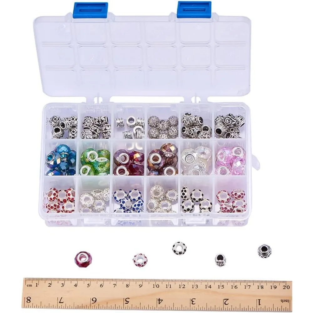 144PCS Mixed Style and Colors European Beads, Alloy Rhinestone Large Hole Glass European Charms Beads fit Bracelet Jewelry