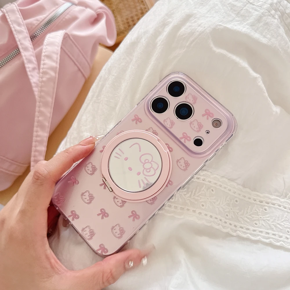 

Cute Cartoon Sanrio Hello Kitty Bow 360°Rotation Stand Phone Case For iPhone 17 16 15 14 13 Pro Max Cases With Ring Holder Cover