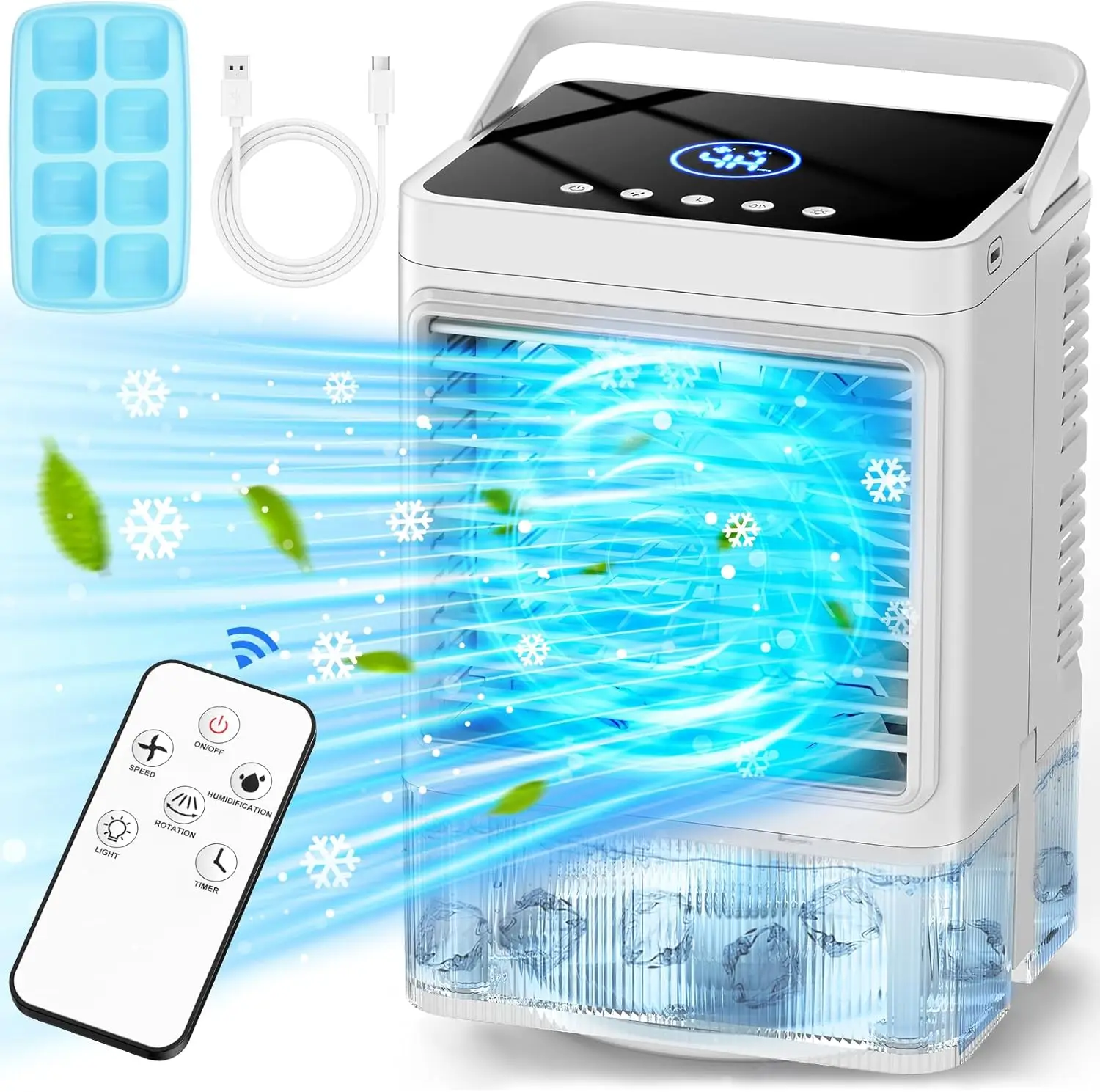 

Personal Air Conditioner w/Remote & LED Screen, 90° Oscillation, 4H Timer, 7 LED Night Light, 2 Cool , Speeds Evaporative