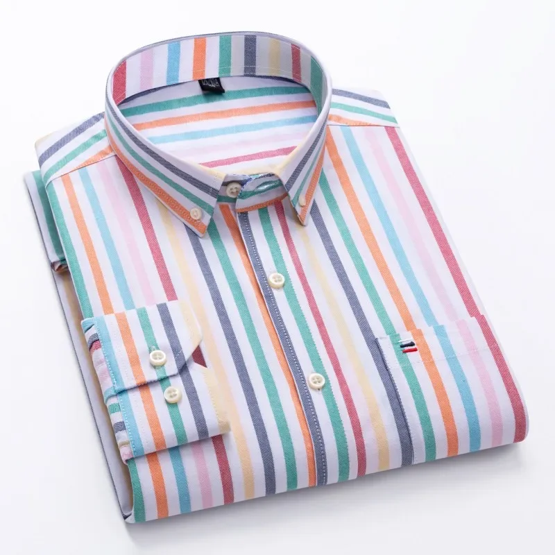 

Size S~7XL Men's Fashion Oxford Shirts For Man Long Sleeve Cotton Casual Slim Chest Pocket Plaid Stripe Formal Dress Shirt