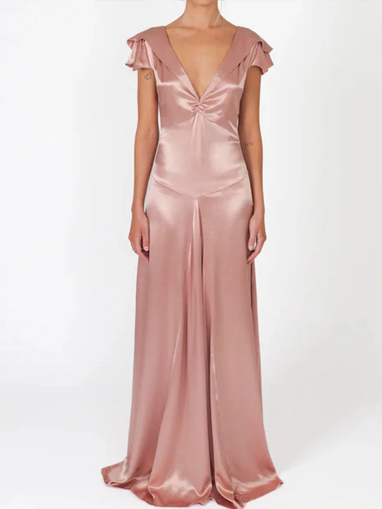 Sexy col en v drapé mince robe de soirée décontracté à volants manches dos nu solide robes robes femmes mode évider Satin longue robe