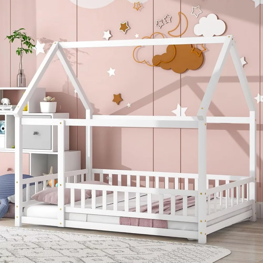 

Full Size Floor Bed Frame with Roof Fence, Wooden Montessori House Bed for Boys Girls Bedroom, White Without Slats