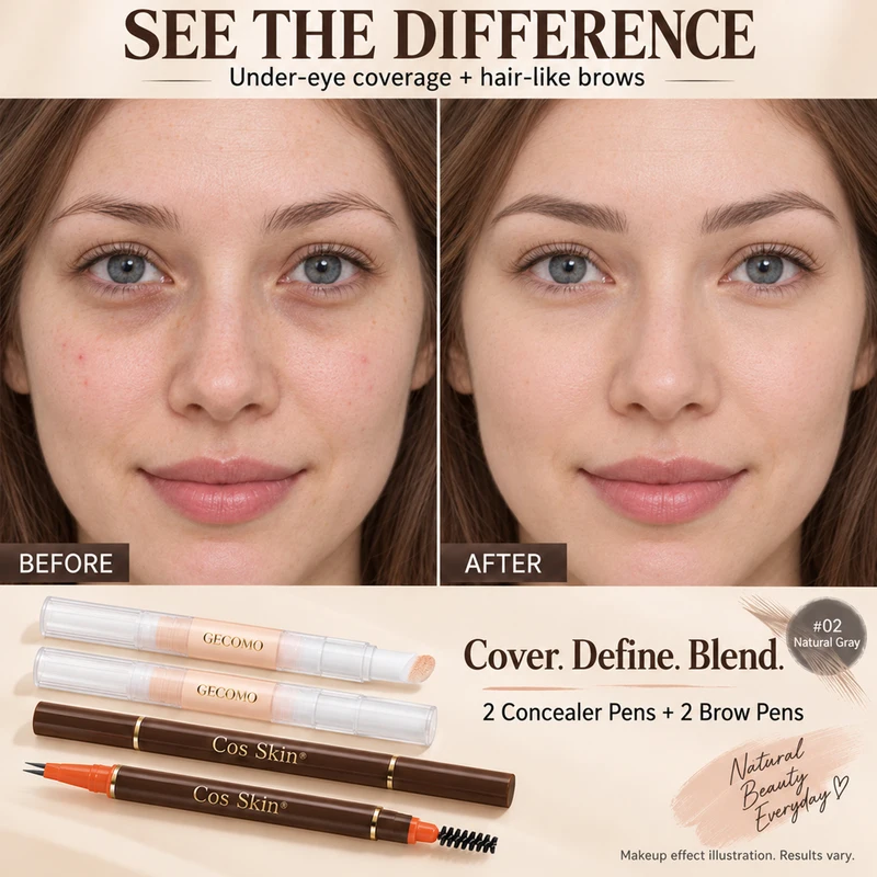 4 PCS Concealer & Eyebrow Pen Set, 2 High Coverage Sponge Tip Concealer Pens for Dark Circles and Blemishes, 2 Same-Shade Waterproof Dual Ended Liquid Eyebrow Pens with 2 Prong Tip and Spoolie, Easy to Apply Face & Brow Makeup Kit, 3 Brow Shades Available