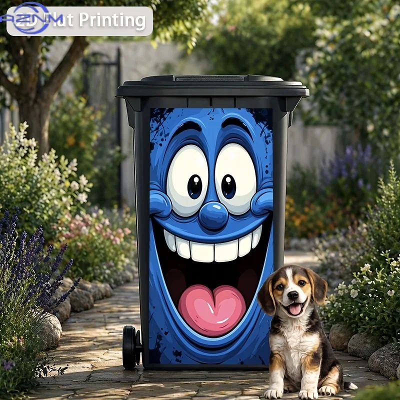 1pc 2D Fun Whimsical Laughing Blue Monster Wheel Wall Sticker, 2D Flat Joyful Cartoon Trash Can Sticker, Removable for Outdoor