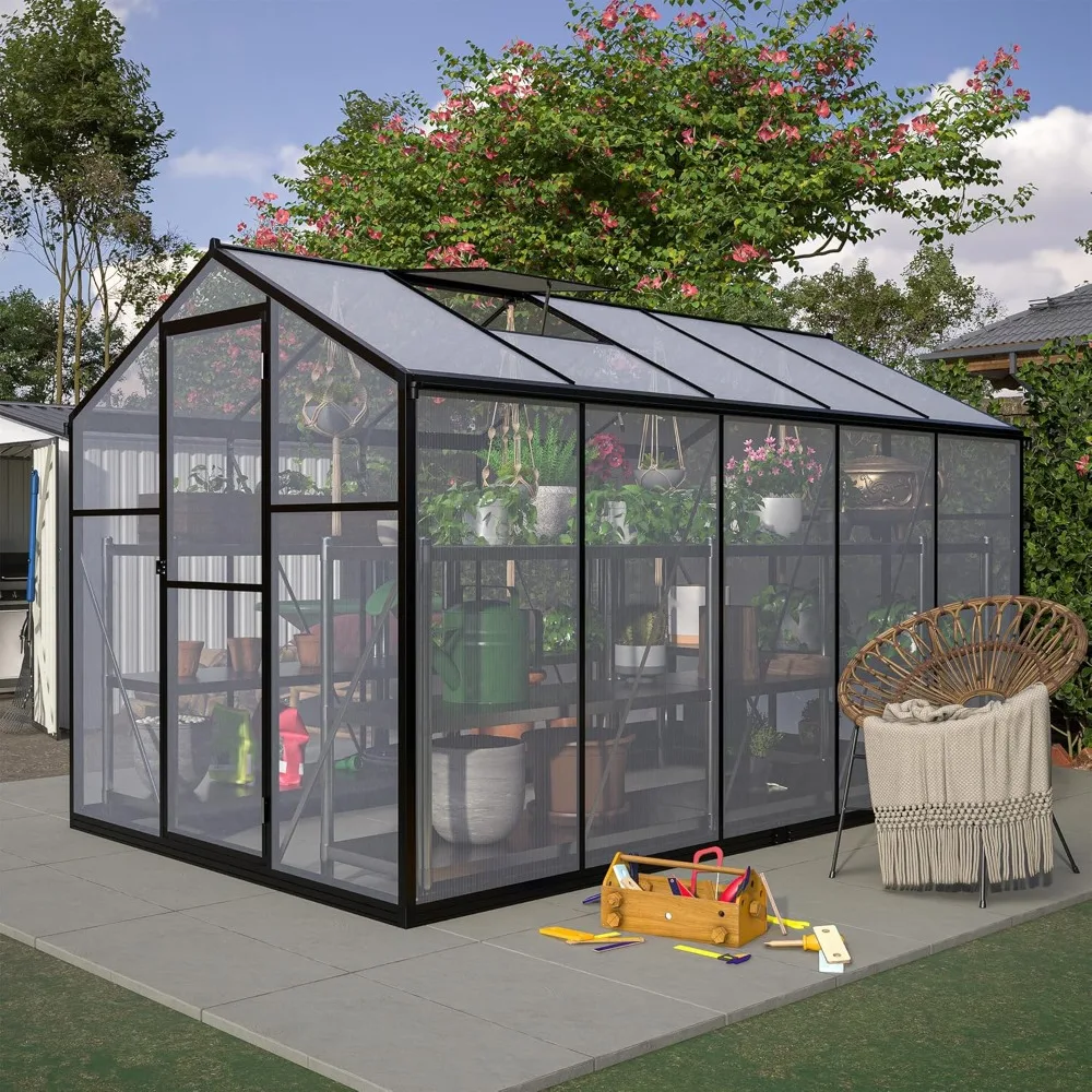 

6x10 FT Greenhouse for Outdoors, Large Walk-in Polycarbonate Greenhouse Kit - Aluminum Frame with Lockable Door and 2 Adjustable