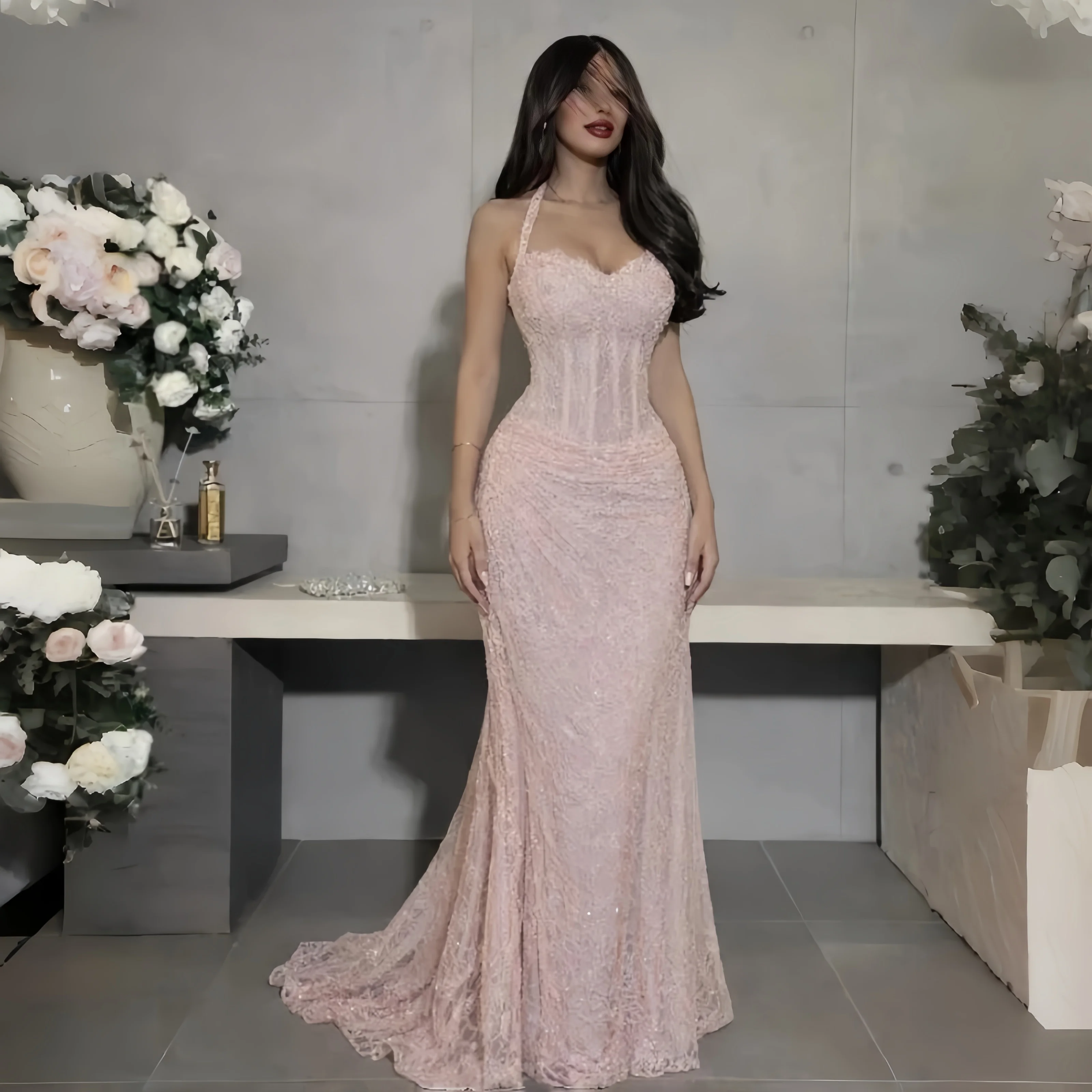 Maßgeschneiderte Fischschwanz-Abendkleider in Rosa Spitze mit Glanzeffekt Elegante Partykleider für Damen Luxuriöse Abendkleider für Frauen