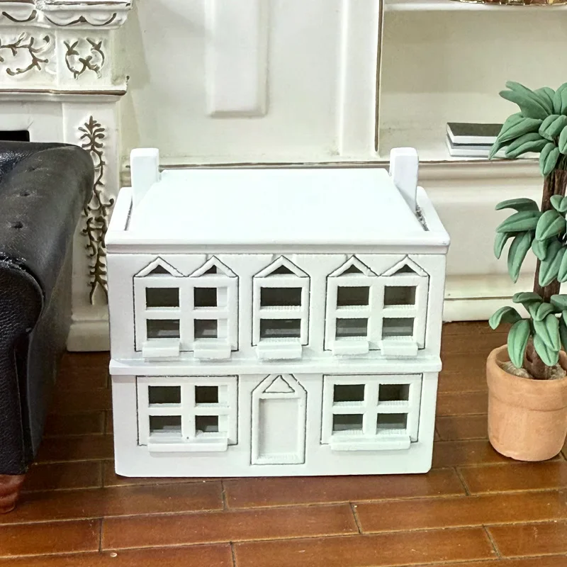 1:12 Dollhouse Miniatures White Wooden Villa Small House Model Doll House Decor Micro Landscape Ornaments Pretend Play Toys DIY