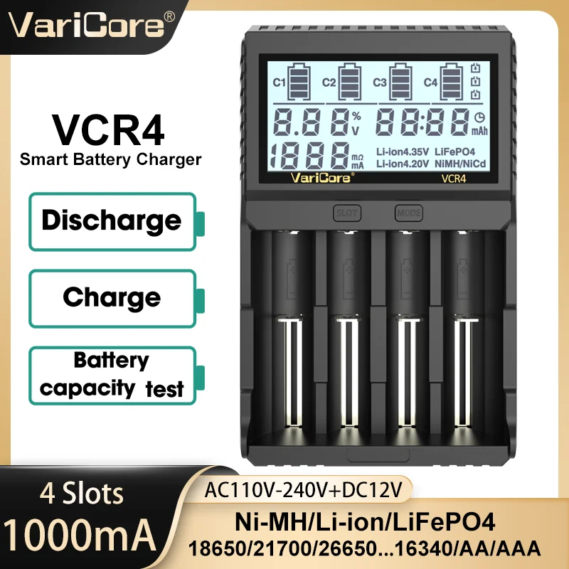 

VariCore VCR4 3.7v Li-Ion 1.2v NiMH 3.2v LiFePO4 LCD 4-Slot Smart Battery Charger VCP4 Model with Capacity Tester