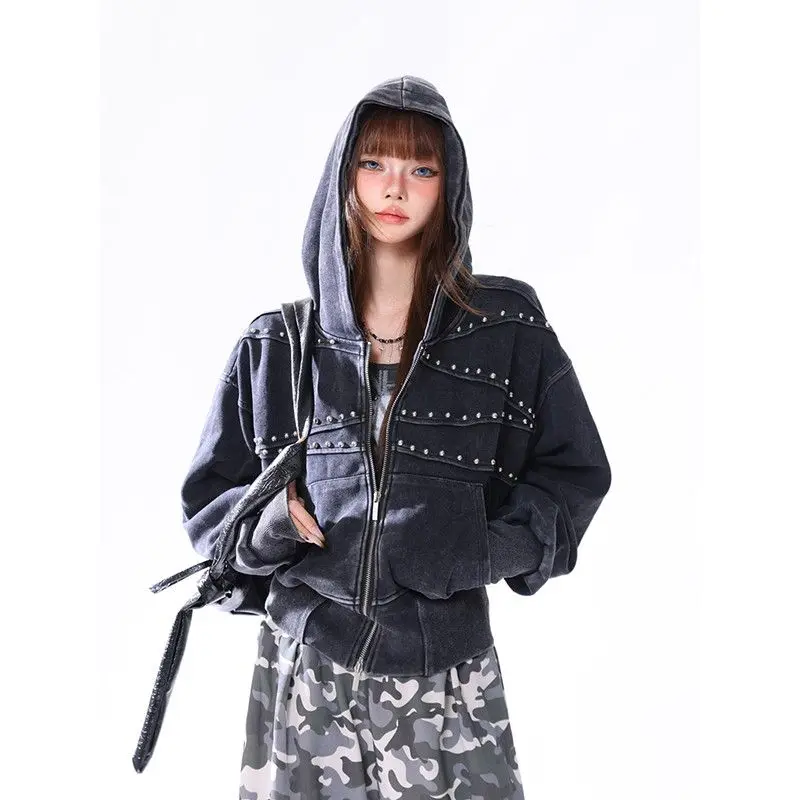 American Y2K retro washed distressed rivet zipper jacket for women autumn short hooded sweatshirt for men