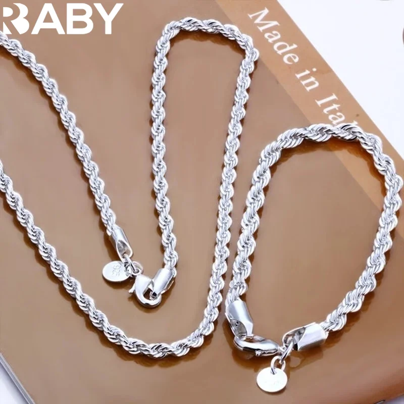 

High Quality 925 Sterling Silver 4mm Women Men Chain Male Twisted Rope Necklace Bracelets Fashion Silver Jewelry Set