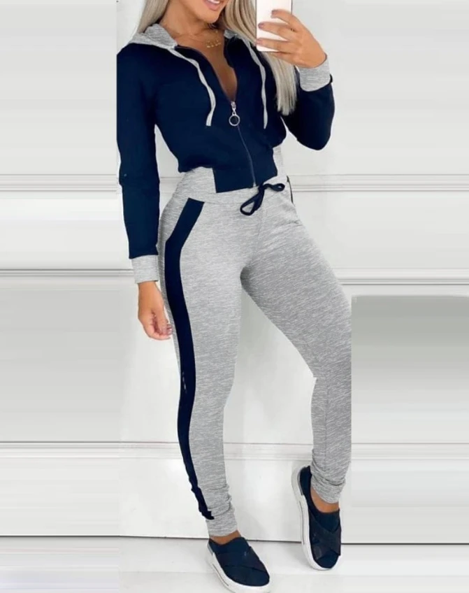 Women's Fashion Summer New Two Piece Set Colorblock Zipper Design Hooded Sweatshirt & Drawstring Sweatpants Set