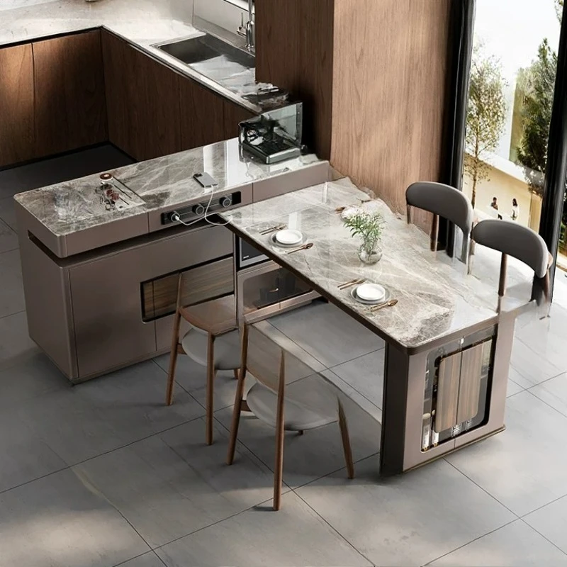 Island dining table, rotatable multi-functional tea table, dining table and chair combination kitchen storage cabinet