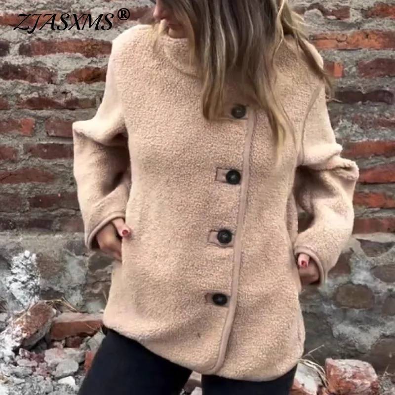 

Осень-зима, однотонное теплое меховое пальто, женские элегантные куртки на пуговицах с высоким воротником, повседневная винтажная верхняя одежда с длинными рукавами и карманами, кардиганы