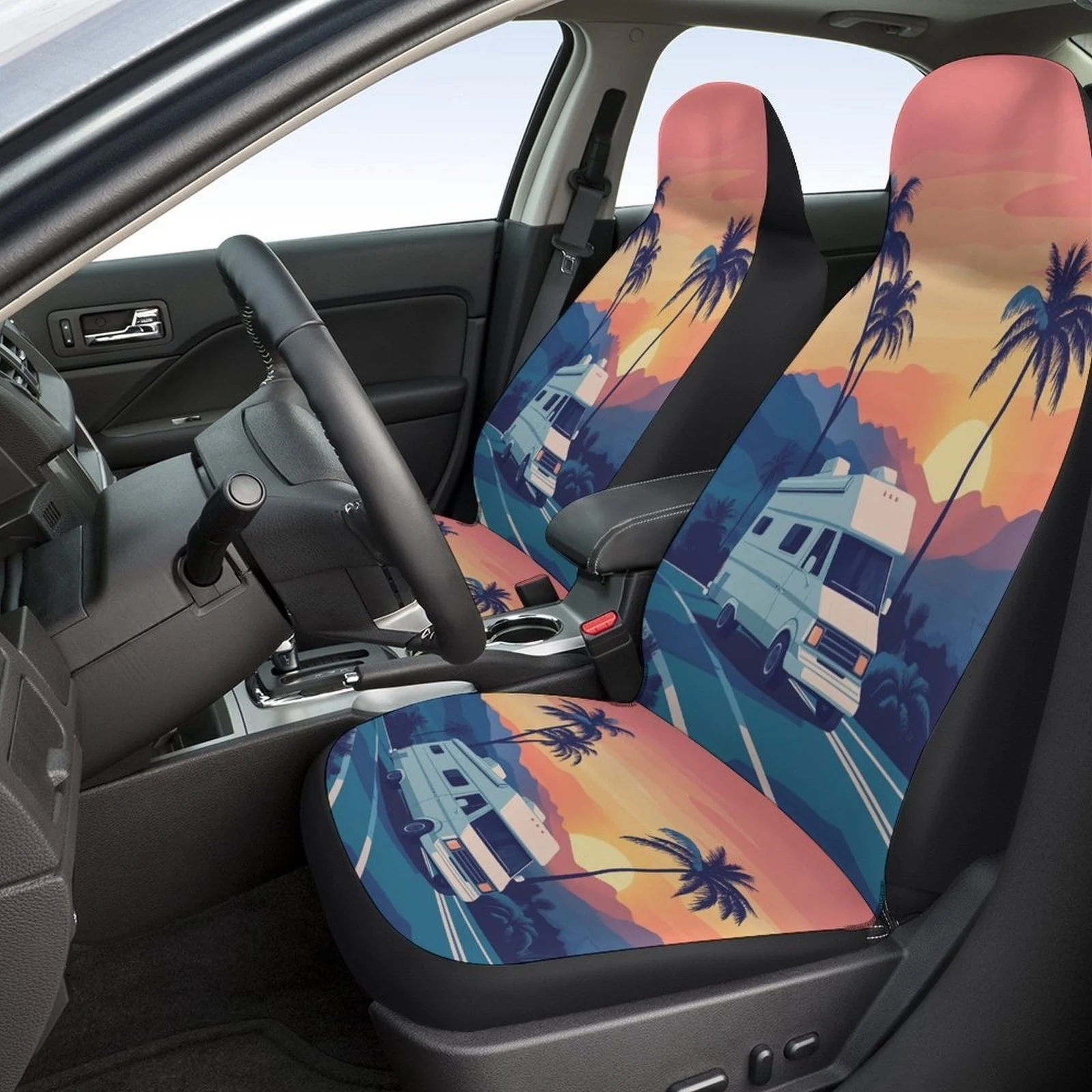 Sunset Drive Themed Car Seat Cover Set For Most Cars, Fashionable Novelty Full Set Protector Covers For Front And Rear Seats,,