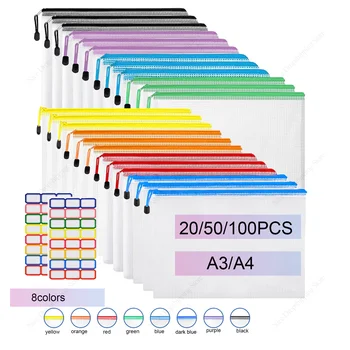 20-100 قطعة شبكة زيبر الحقيبة البريدي مجلدات الملفات A3/A4 مقاوم للماء حقيبة مستندات بلاستيكية مدرسة مكتب المنزل السفر حقيبة التخزين