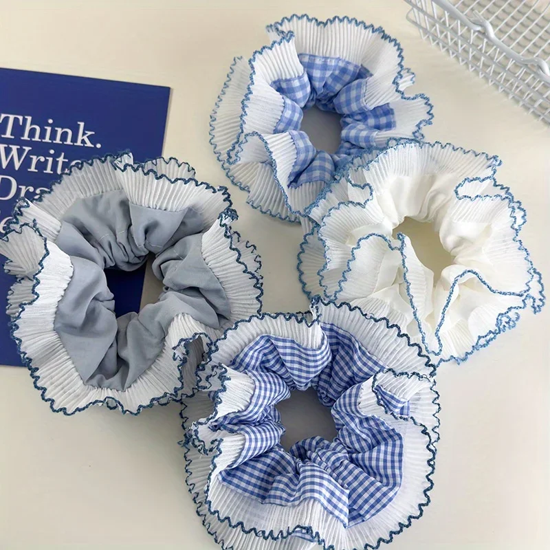 

Blue Plaid Bow Hair Tie with Double-Layer Lace Trim Bun & Ponytail Hairband Sweet & Fresh Hair Accessory